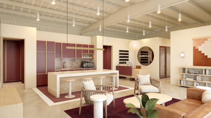 Interior of Junto House showing the open kitchen and lounge.